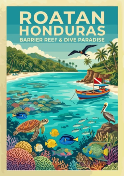 Travel poster of Roatan Honduras showing a tropical beach with sea turtles and coral.