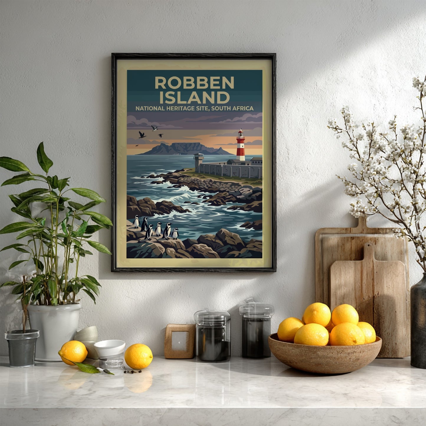 Travel poster featuring Robben Island, South Africa, with penguins on rocks and lighthouse.