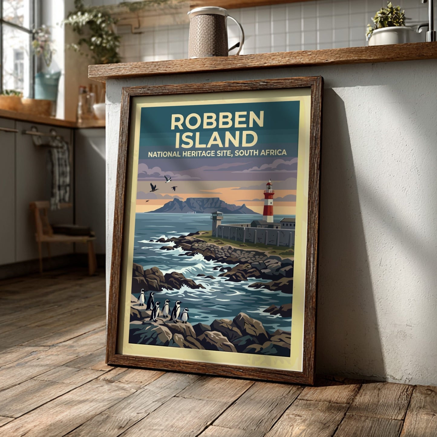 Travel poster featuring Robben Island, South Africa, with penguins on rocks and lighthouse.