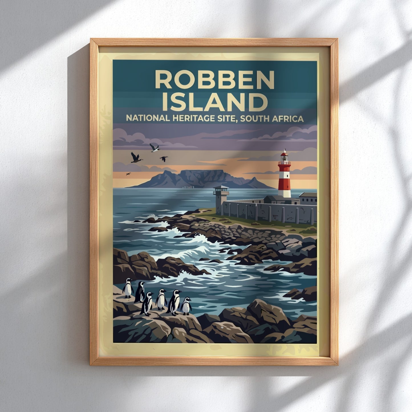 Travel poster featuring Robben Island, South Africa, with penguins on rocks and lighthouse.