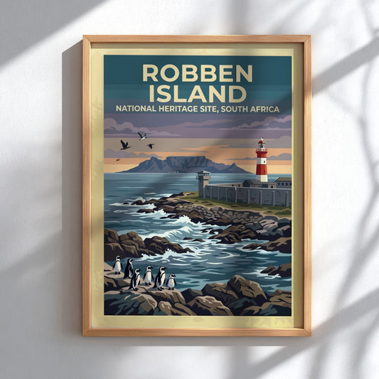 Travel poster featuring Robben Island, South Africa, with penguins on rocks and lighthouse.