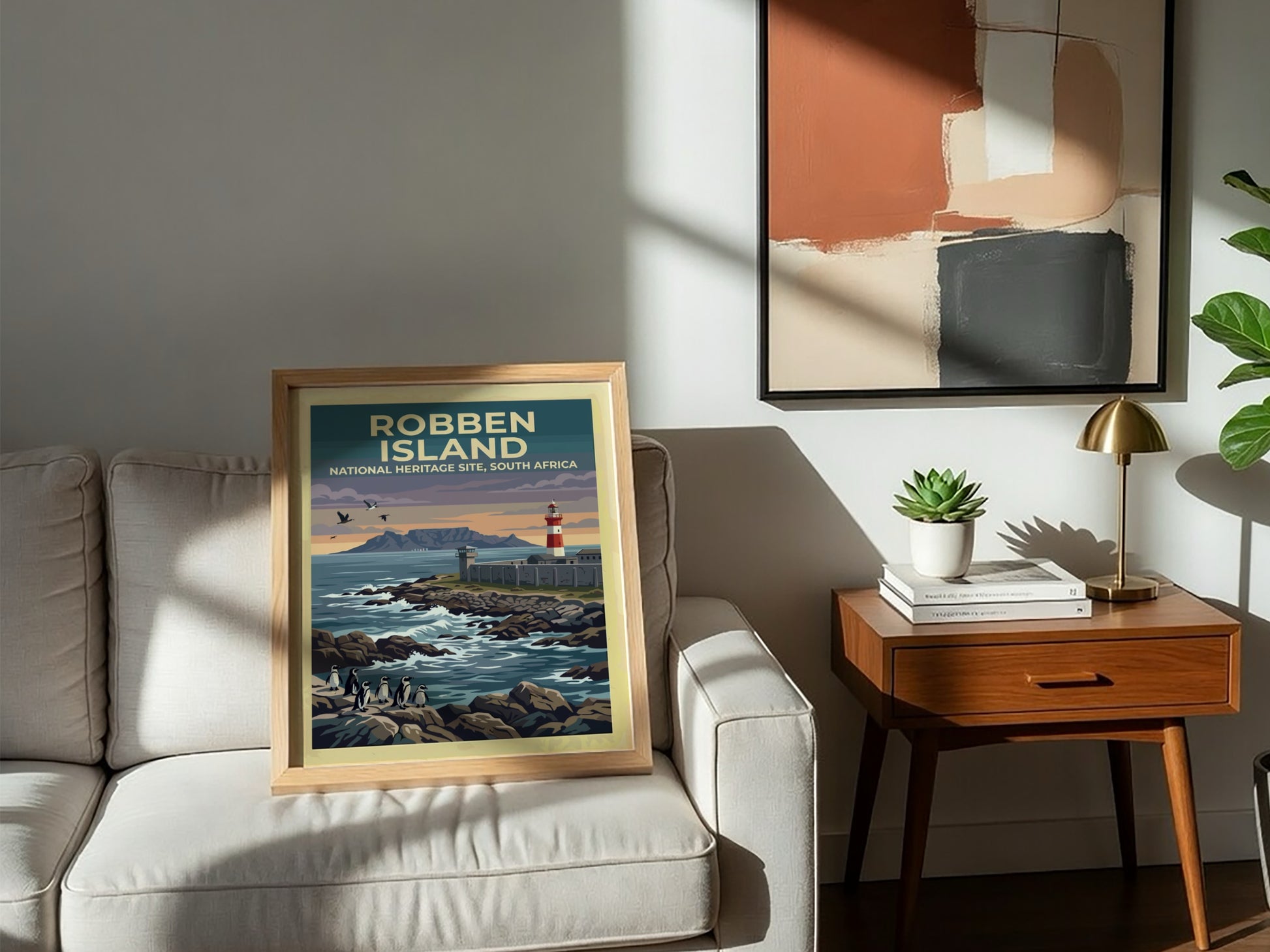 Travel poster featuring Robben Island, South Africa, with penguins on rocks and lighthouse.