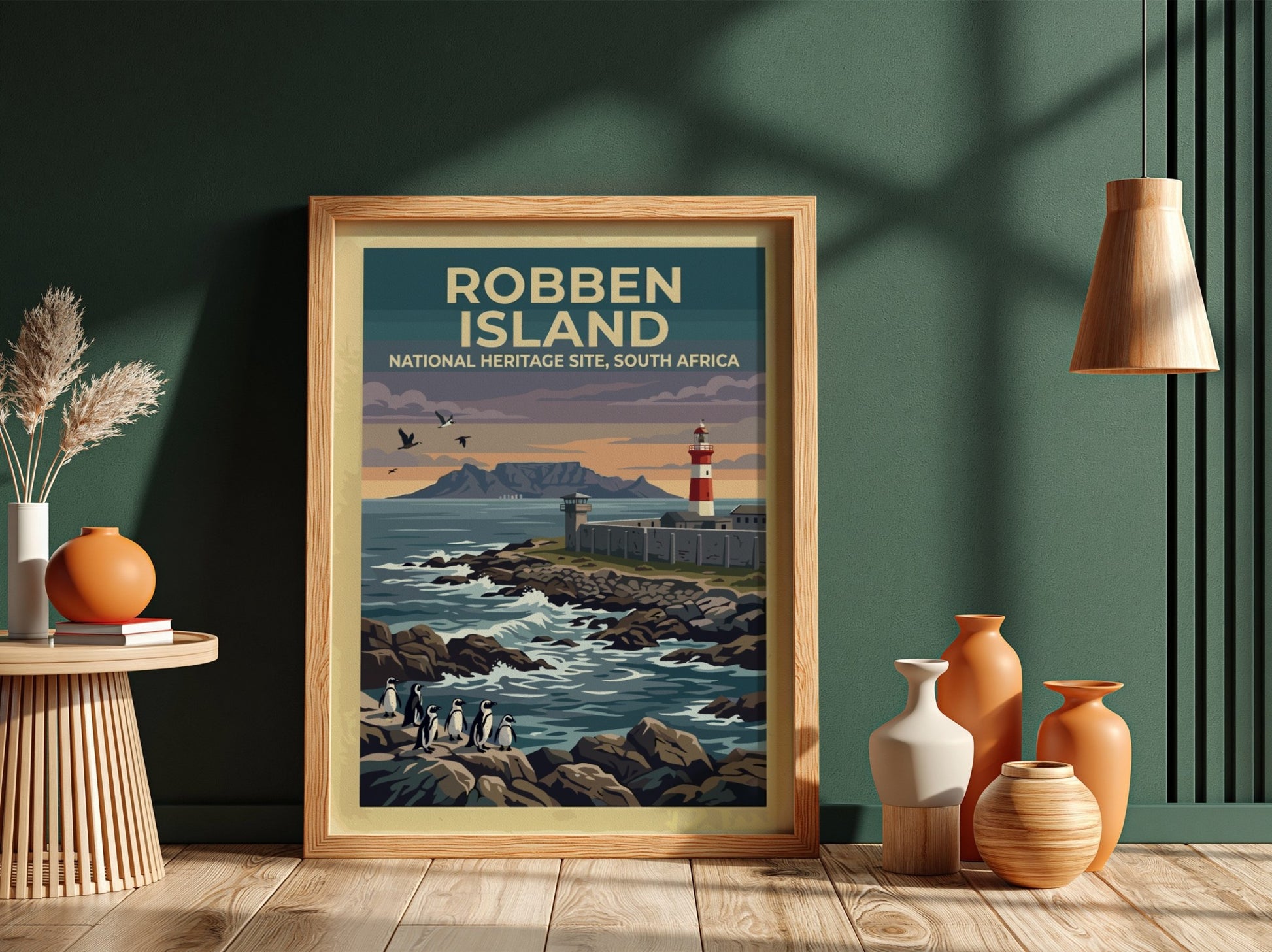 Travel poster featuring Robben Island, South Africa, with penguins on rocks and lighthouse.