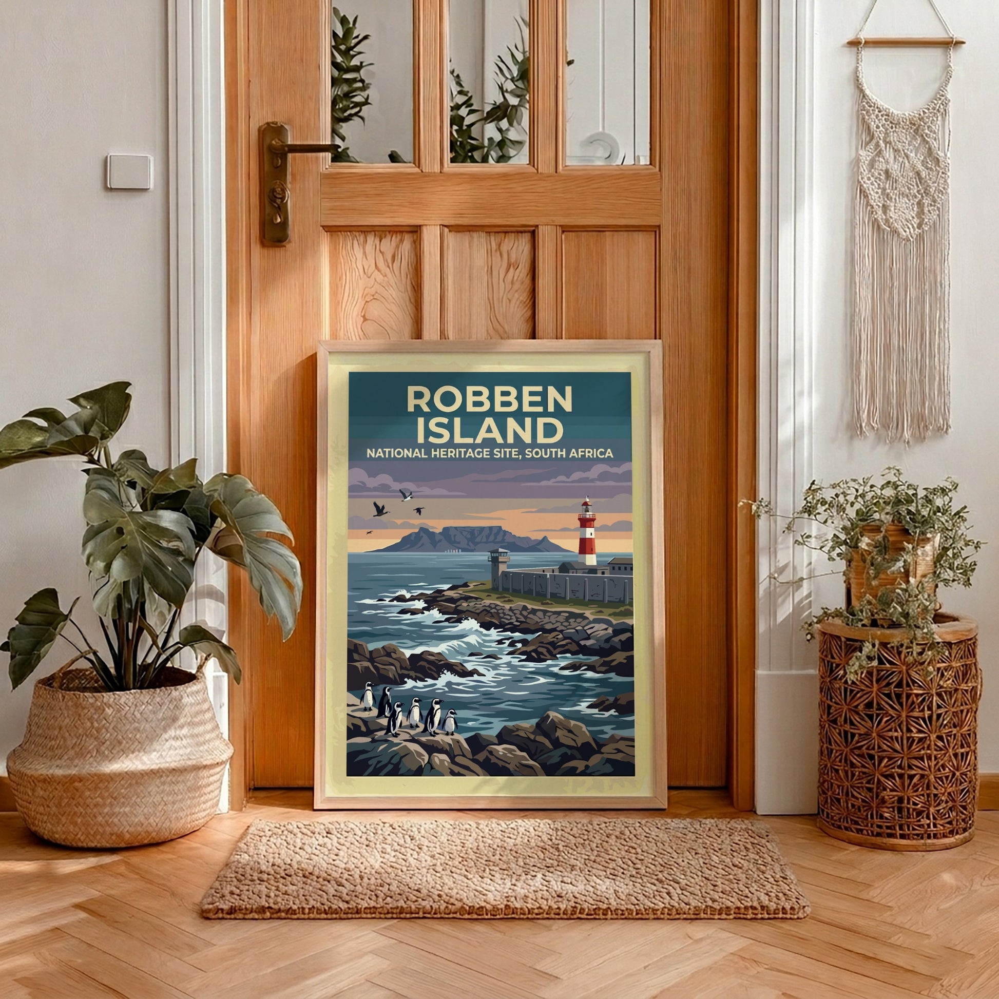Travel poster featuring Robben Island, South Africa, with penguins on rocks and lighthouse.