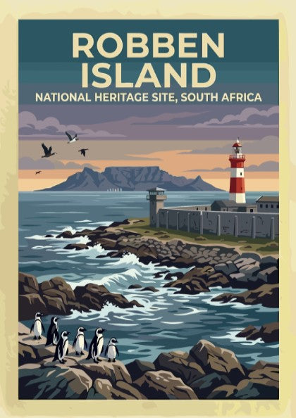Travel poster featuring Robben Island, South Africa, with penguins on rocks and lighthouse.