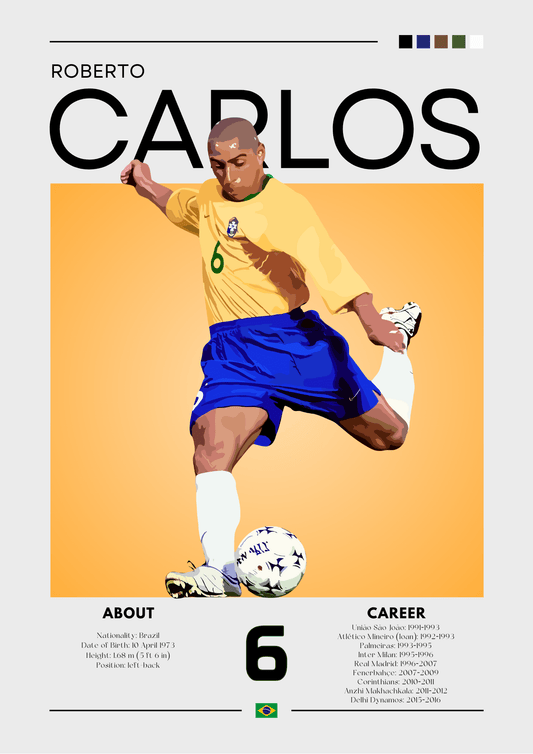 Soccer player in action with 'Roberto Carlos' text and Brazilian flag colors.