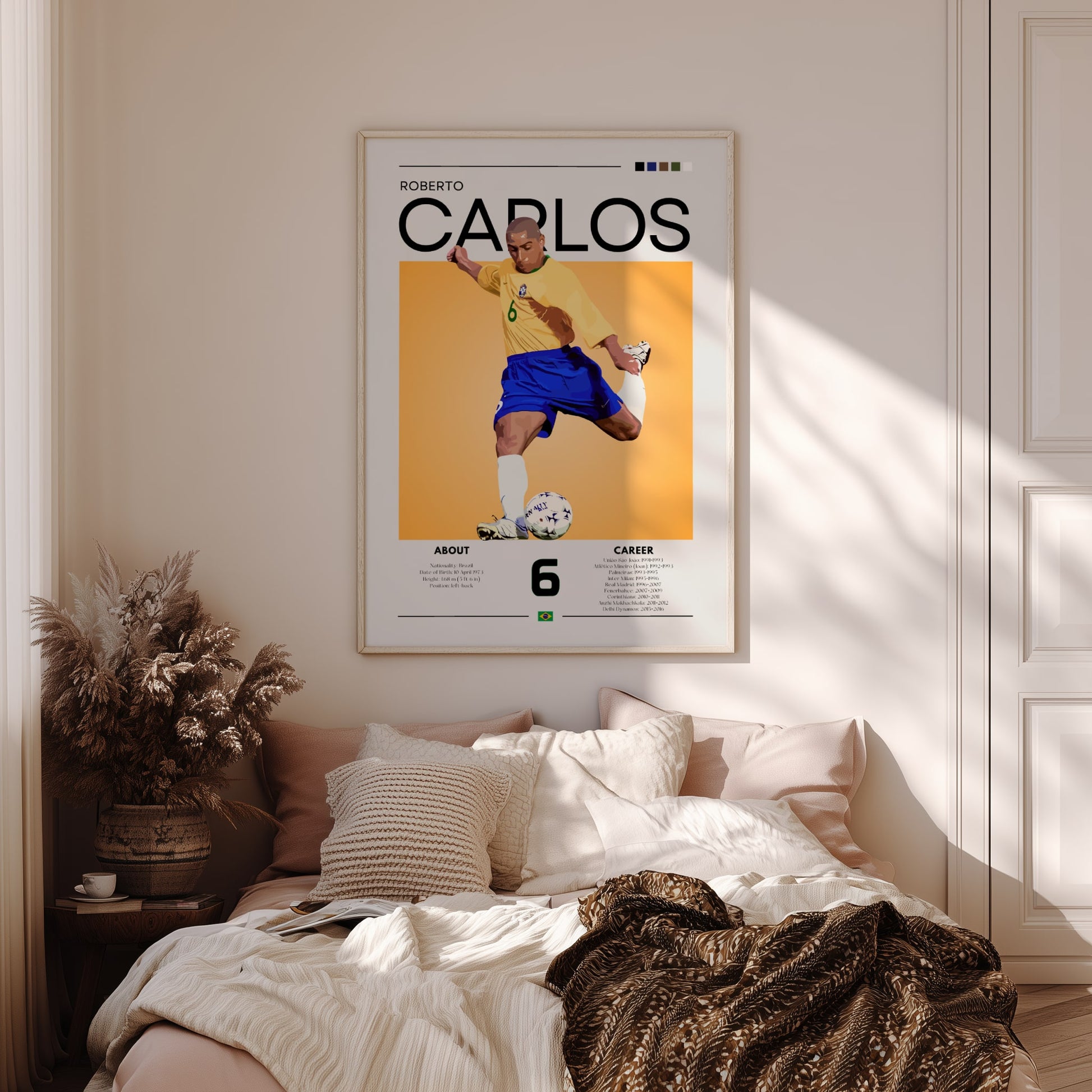 Poster of Roberto Carlos in a bedroom setting with a bed and decorative pillows.