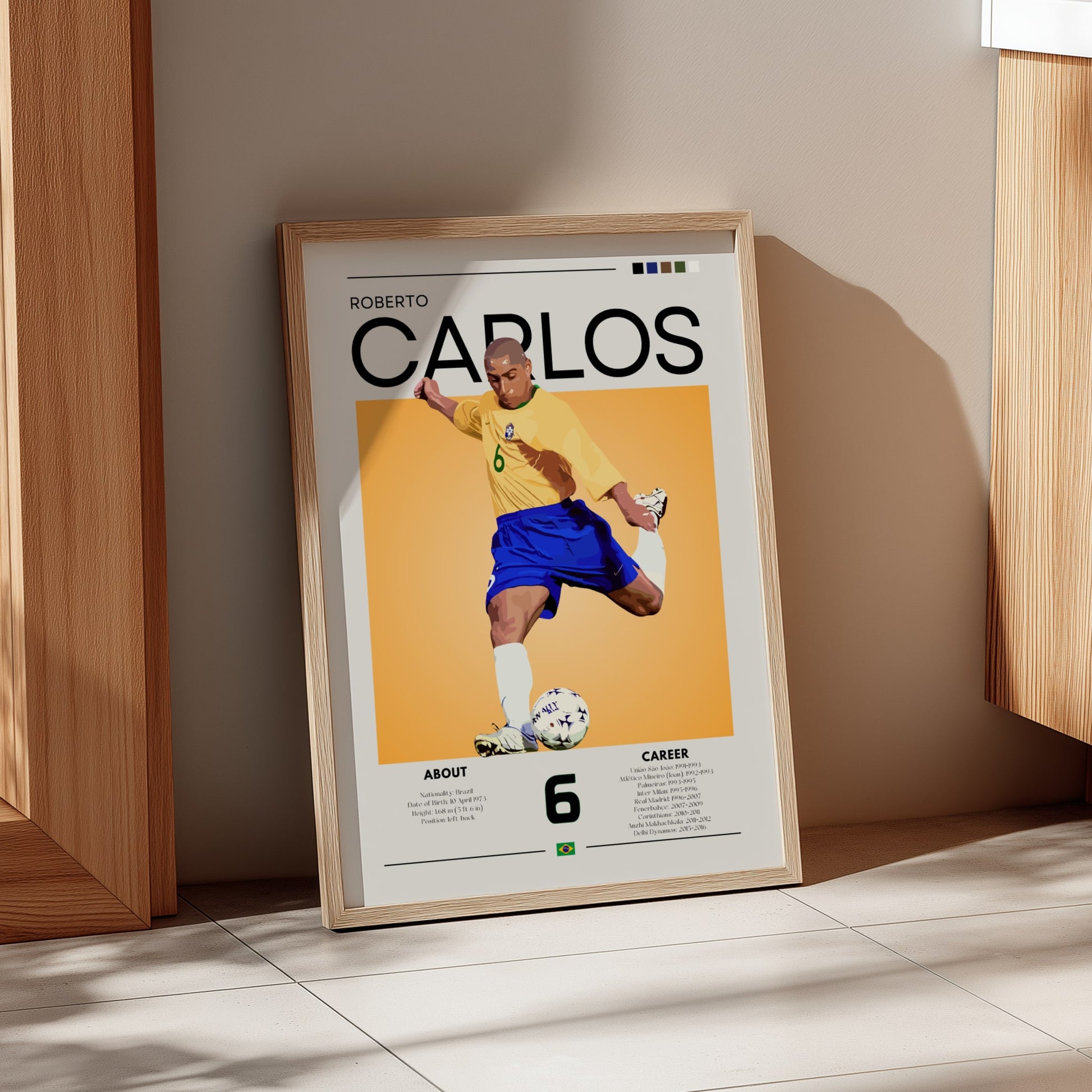 Framed poster of Roberto Carlos in a room with wooden walls and a tiled floor.