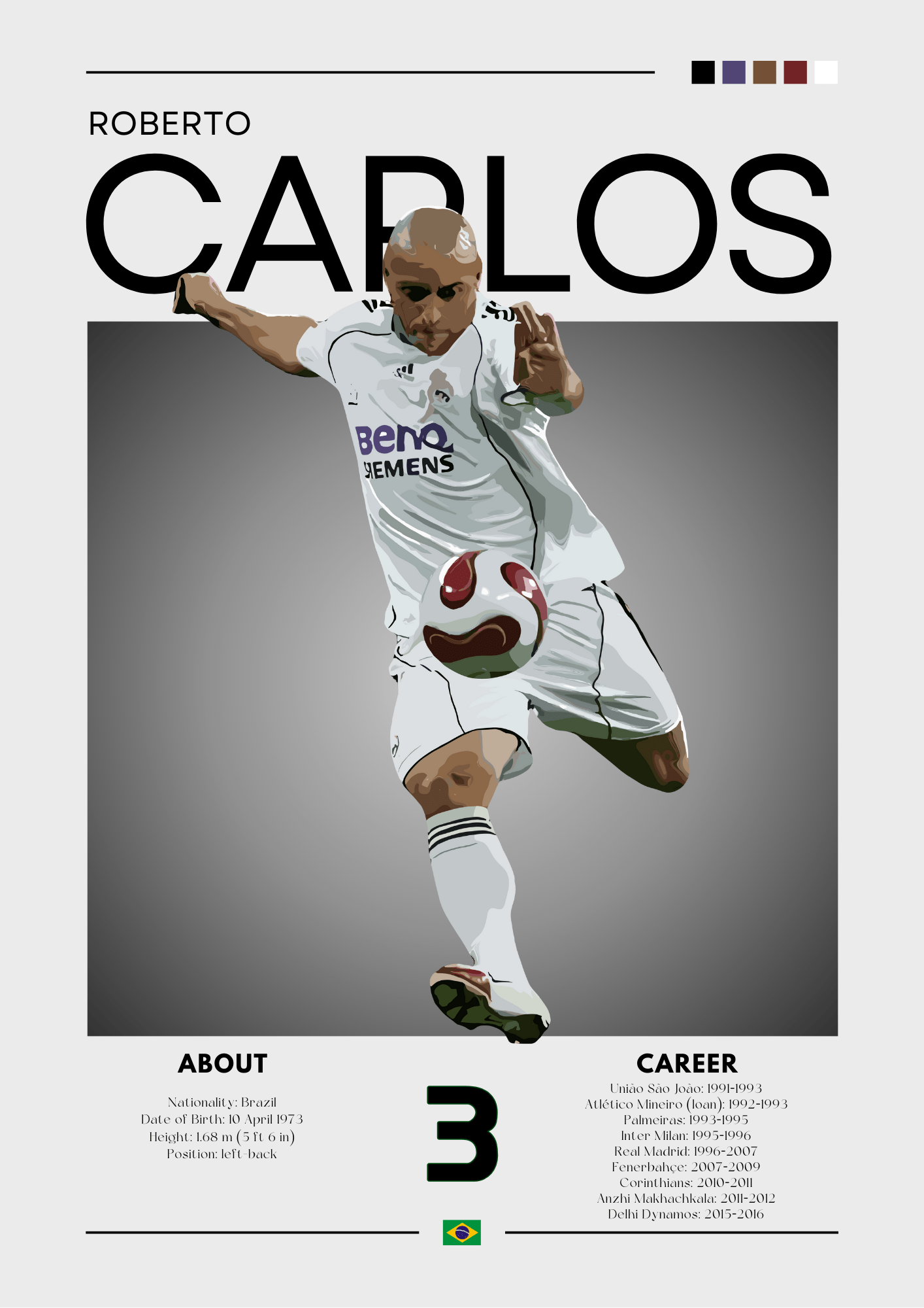 Soccer player in action with 'Roberto Carlos' branding on a gray background