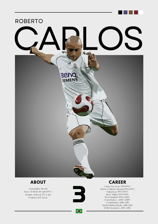 Soccer player in action with 'Roberto Carlos' branding on a gray background