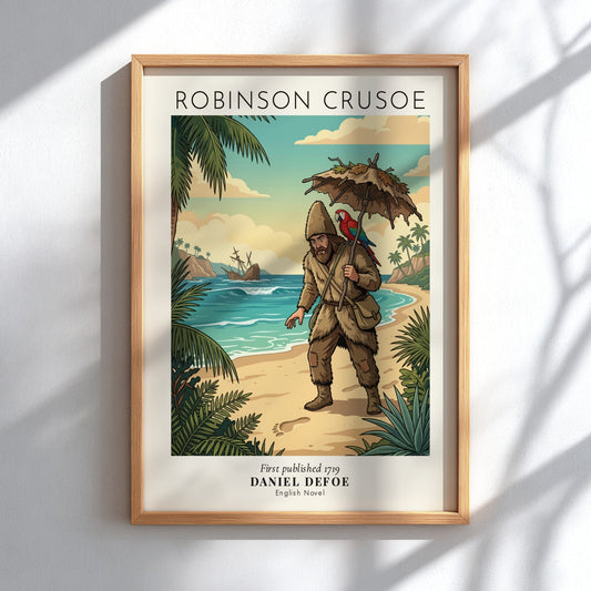 Robinson Crusoe poster featuring a bearded man and parrot on a tropical beach island.