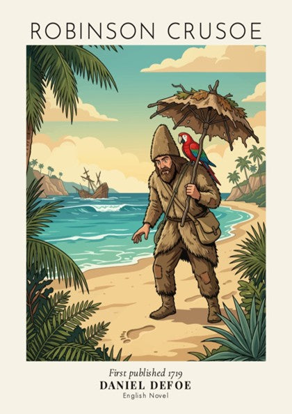 Robinson Crusoe poster featuring a bearded man and parrot on a tropical beach island.