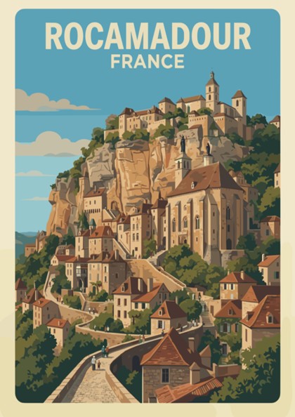 Travel poster featuring the cliffside village of Rocamadour France with warm stone architecture