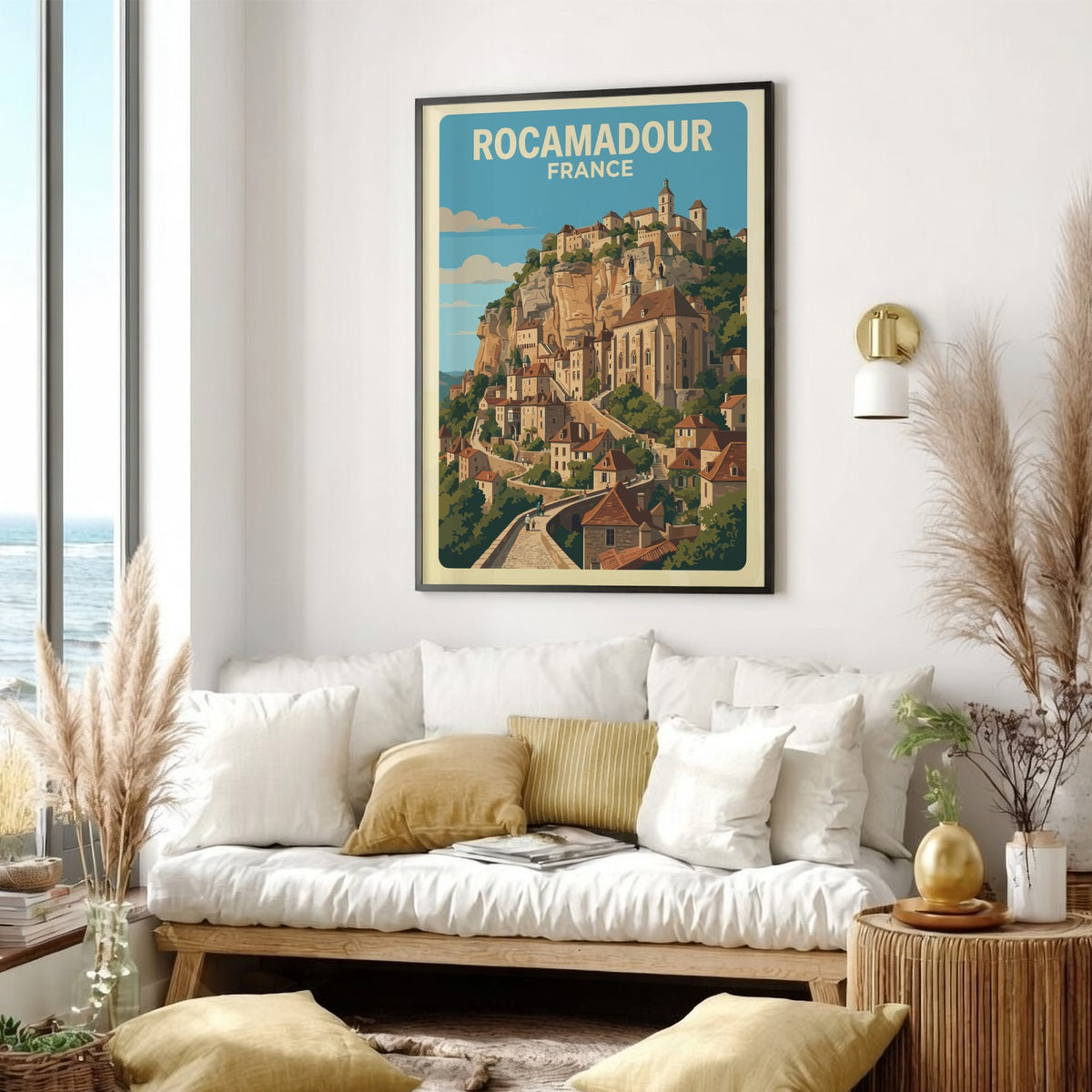Travel poster featuring the cliffside village of Rocamadour France with warm stone architecture