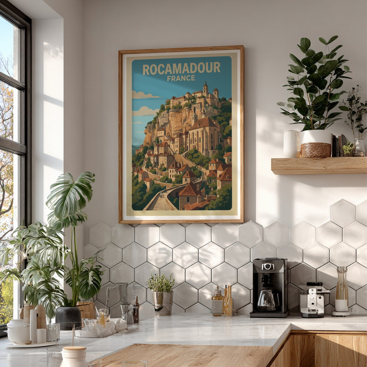 Travel poster featuring the cliffside village of Rocamadour France with warm stone architecture
