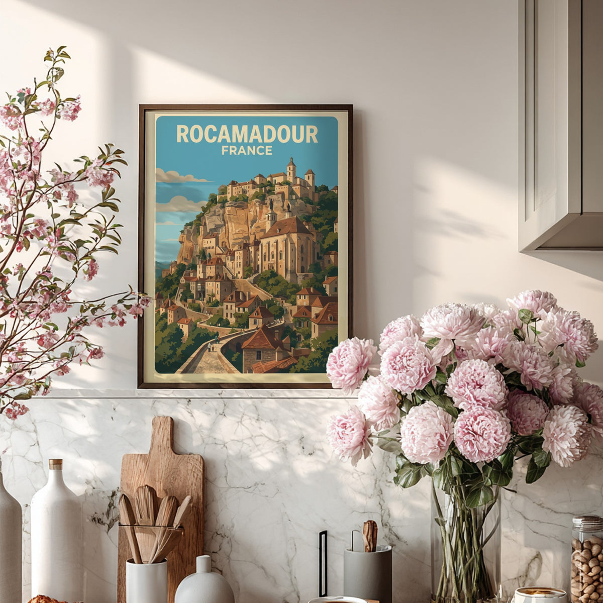 Travel poster featuring the cliffside village of Rocamadour France with warm stone architecture