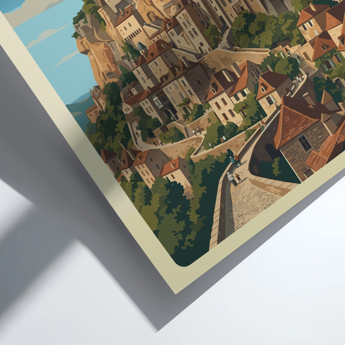 Travel poster featuring the cliffside village of Rocamadour France with warm stone architecture