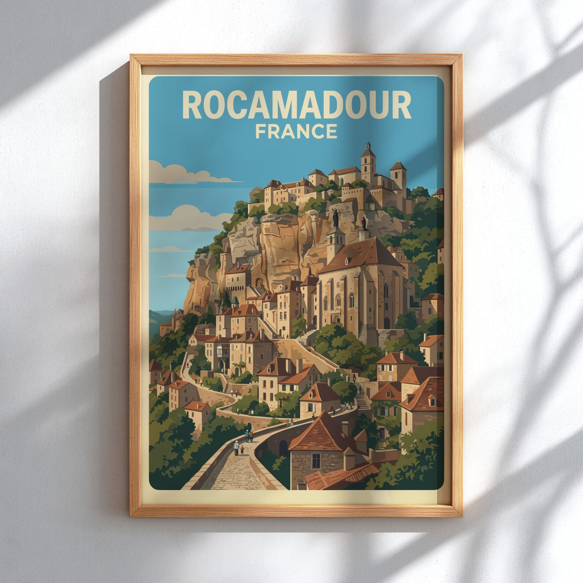 Travel poster featuring the cliffside village of Rocamadour France with warm stone architecture