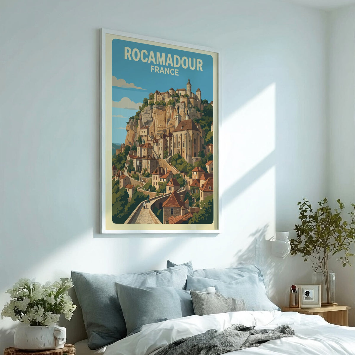 Travel poster featuring the cliffside village of Rocamadour France with warm stone architecture