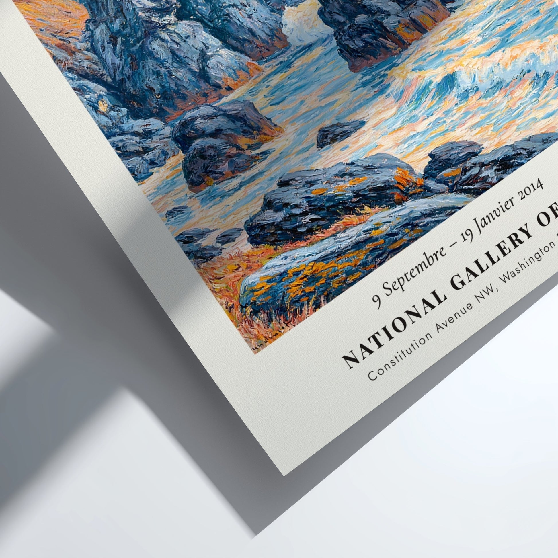 Coastal scene poster inspired by Monet showcasing rocky outcrops and soft hues