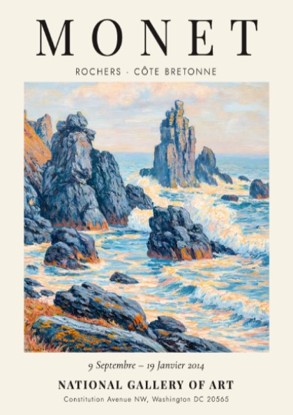 Coastal scene poster inspired by Monet showcasing rocky outcrops and soft hues