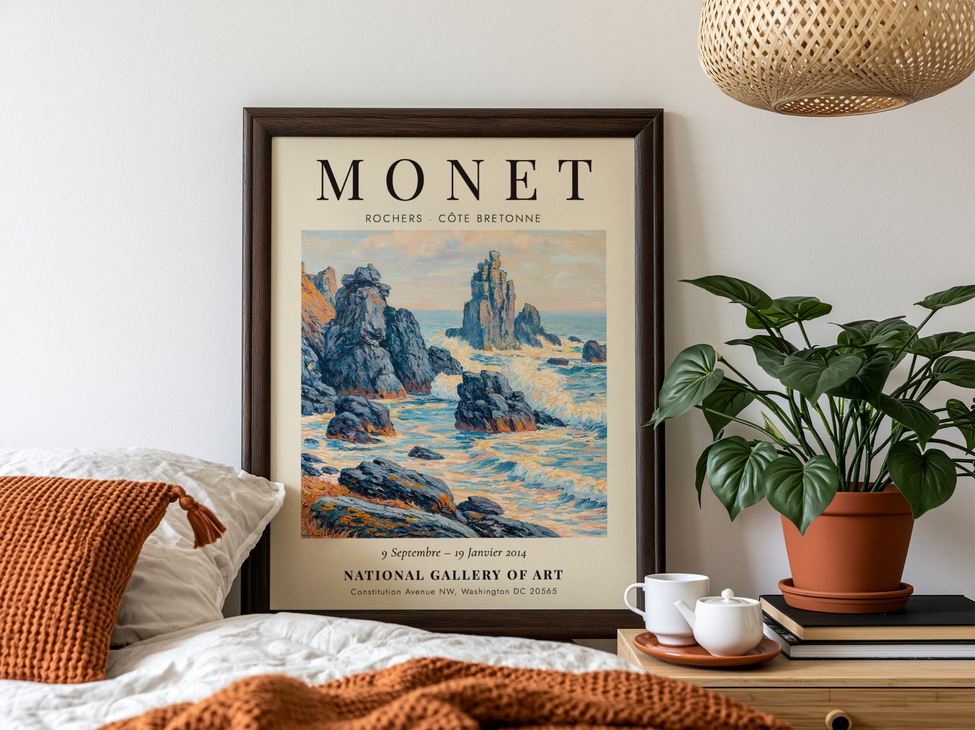 Coastal scene poster inspired by Monet showcasing rocky outcrops and soft hues