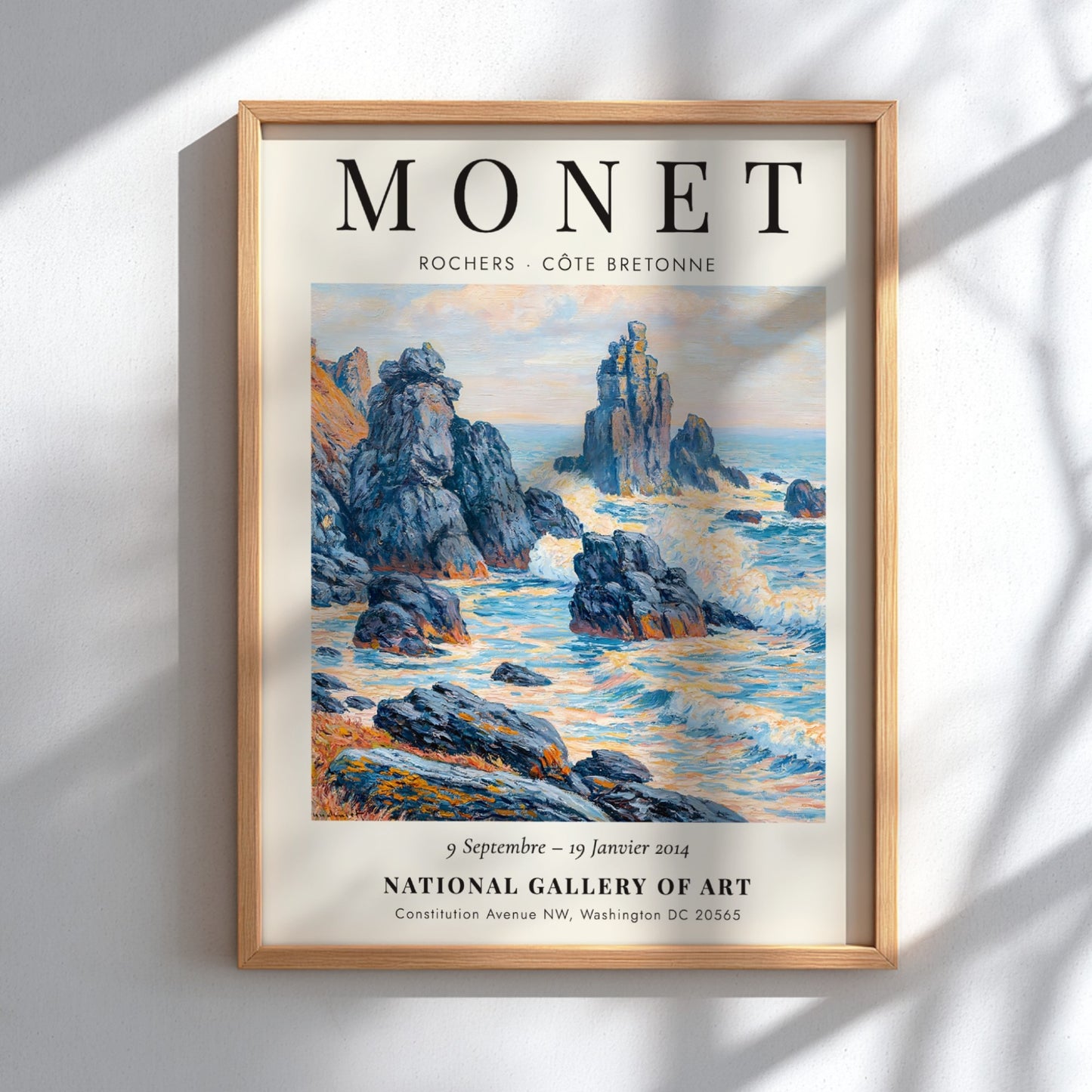 Coastal scene poster inspired by Monet showcasing rocky outcrops and soft hues