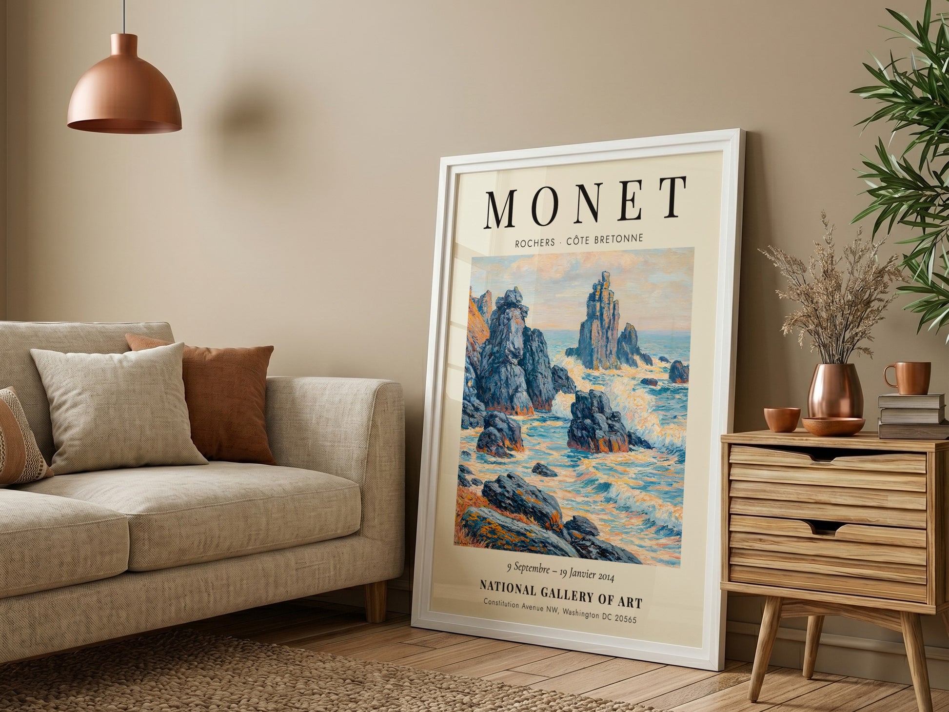 Coastal scene poster inspired by Monet showcasing rocky outcrops and soft hues