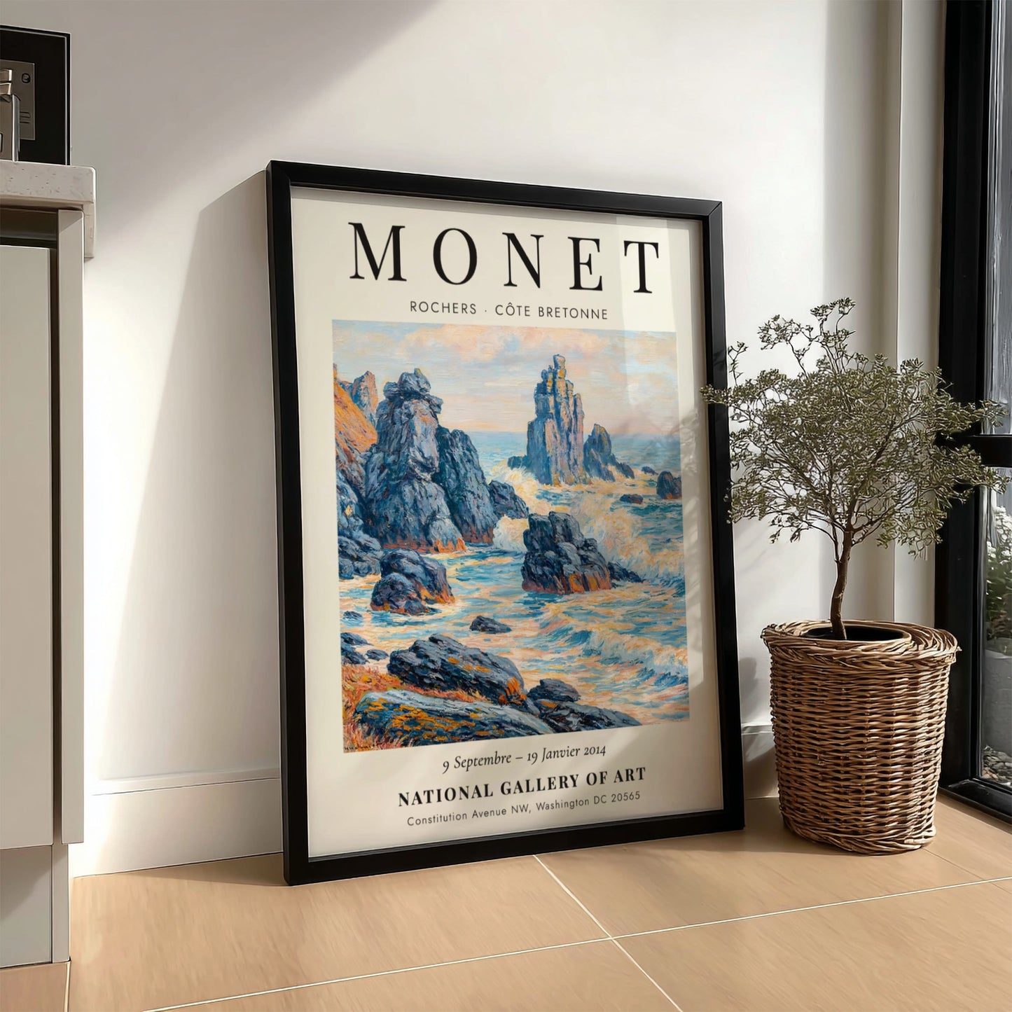 Coastal scene poster inspired by Monet showcasing rocky outcrops and soft hues