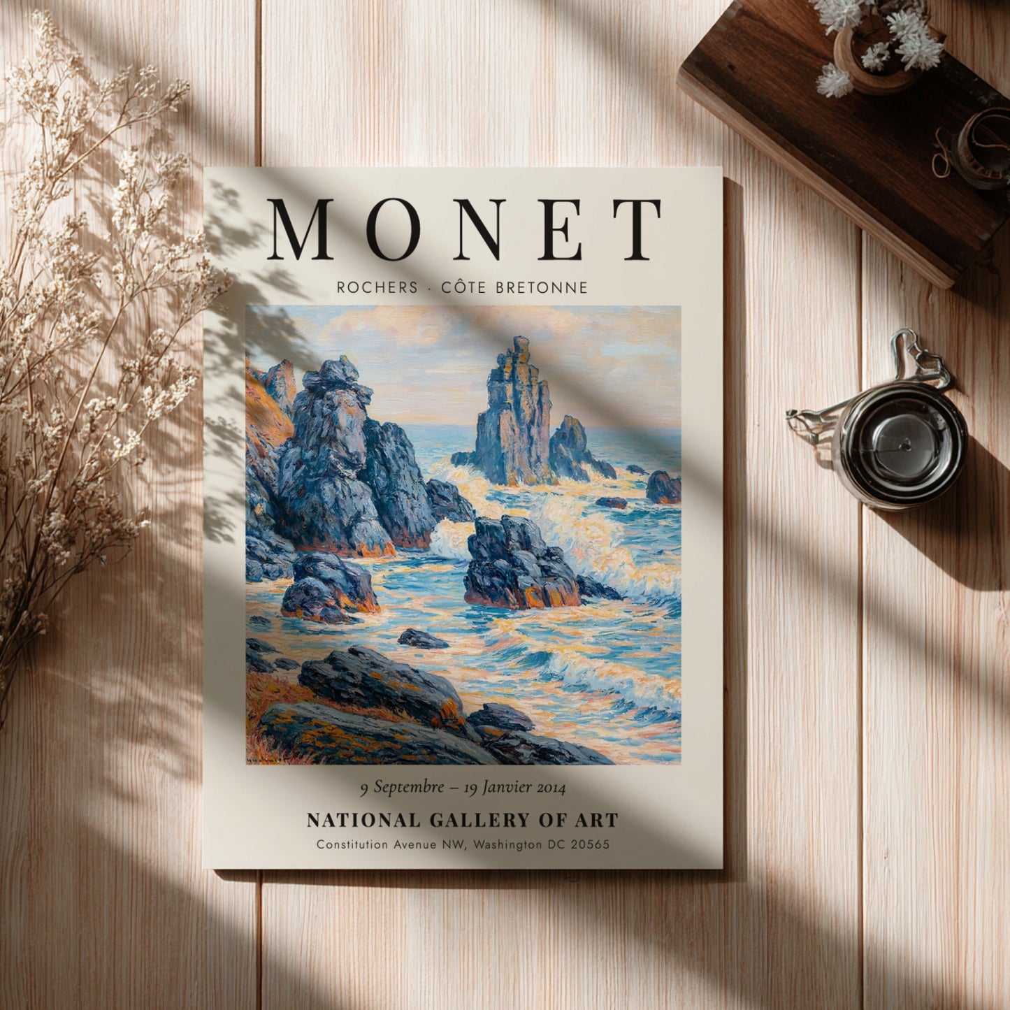 Coastal scene poster inspired by Monet showcasing rocky outcrops and soft hues