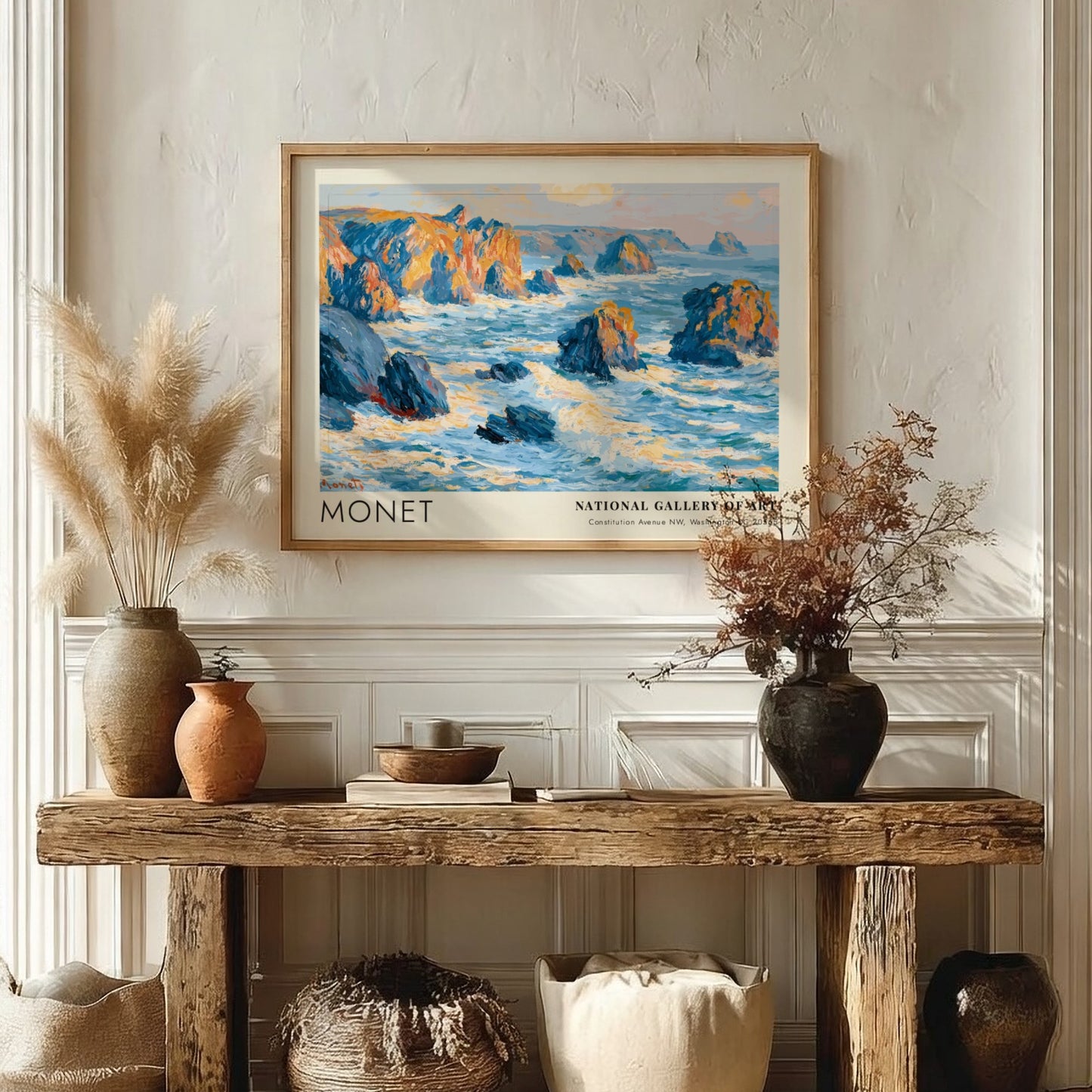 Wall art print of Monet's Rochers - Côté Bretonne featuring coastal blues and warm hues