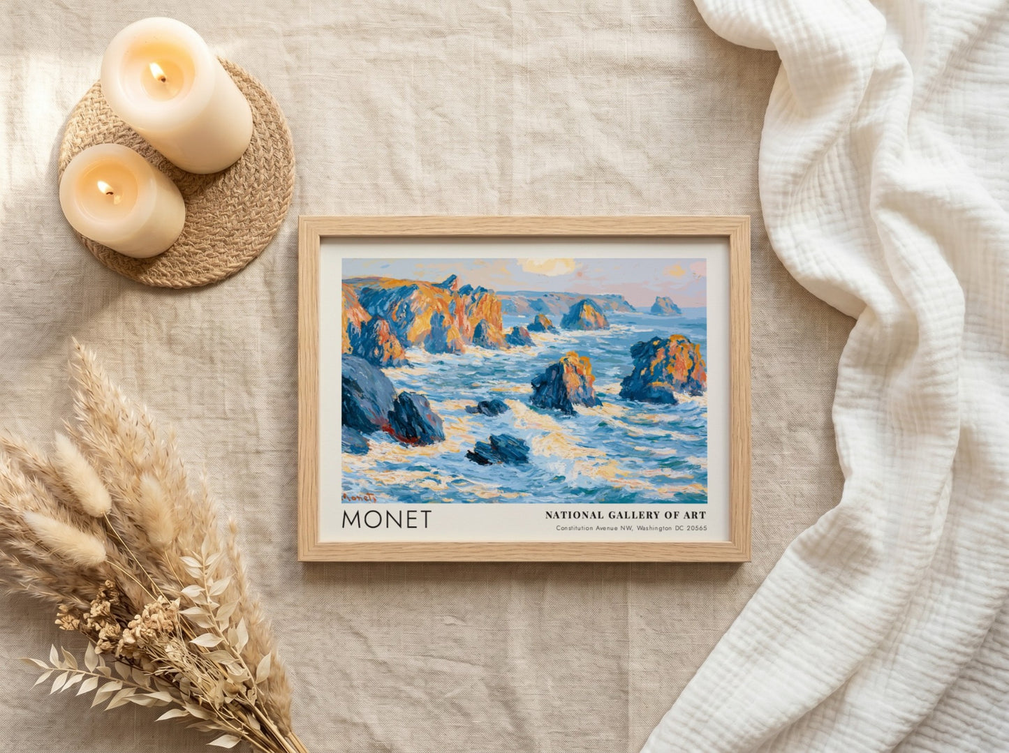 Wall art print of Monet's Rochers - Côté Bretonne featuring coastal blues and warm hues