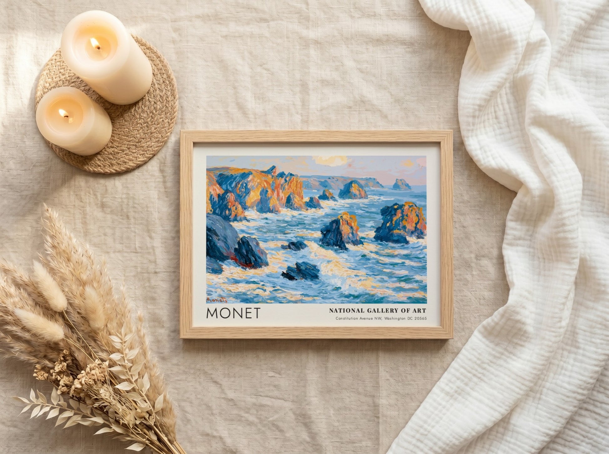 Wall art print of Monet's Rochers - Côté Bretonne featuring coastal blues and warm hues