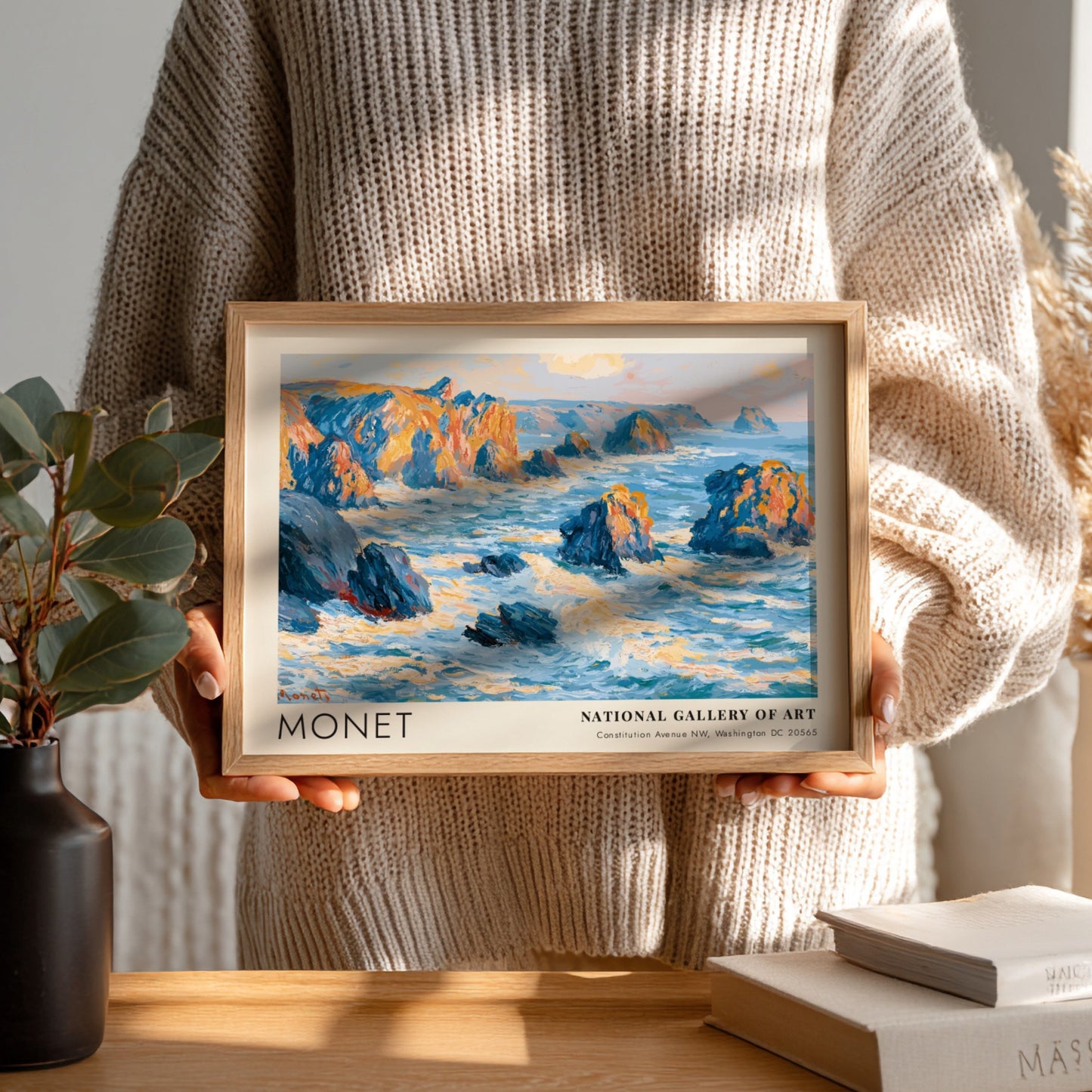 Wall art print of Monet's Rochers - Côté Bretonne featuring coastal blues and warm hues