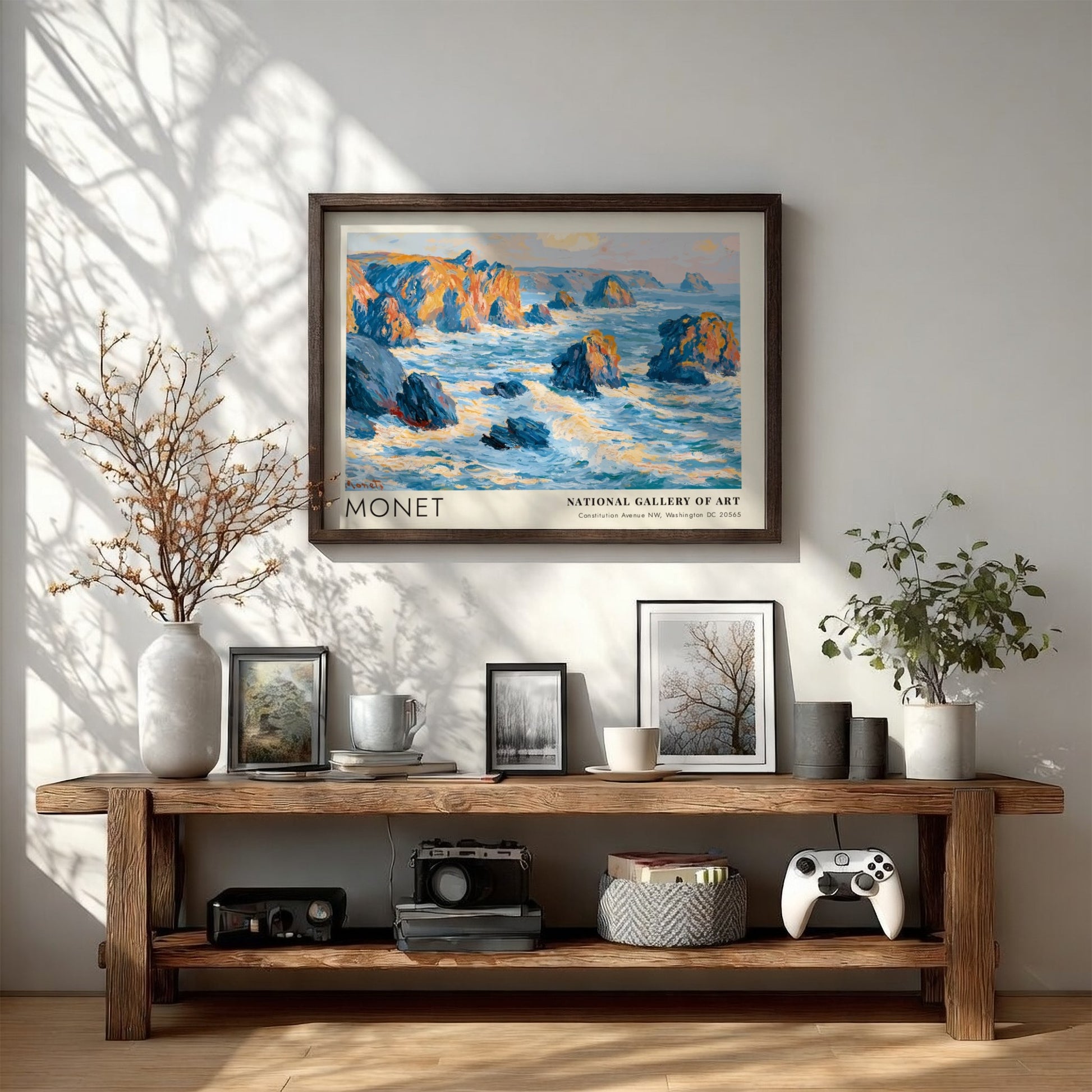 Wall art print of Monet's Rochers - Côté Bretonne featuring coastal blues and warm hues