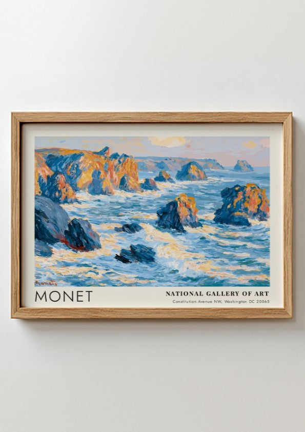 Wall art print of Monet's Rochers - Côté Bretonne featuring coastal blues and warm hues