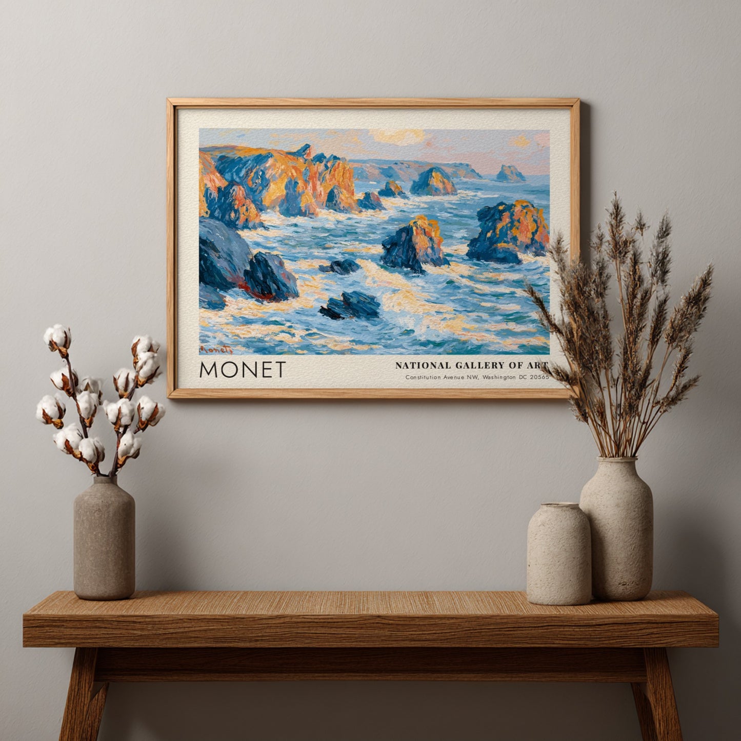 Wall art print of Monet's Rochers - Côté Bretonne featuring coastal blues and warm hues