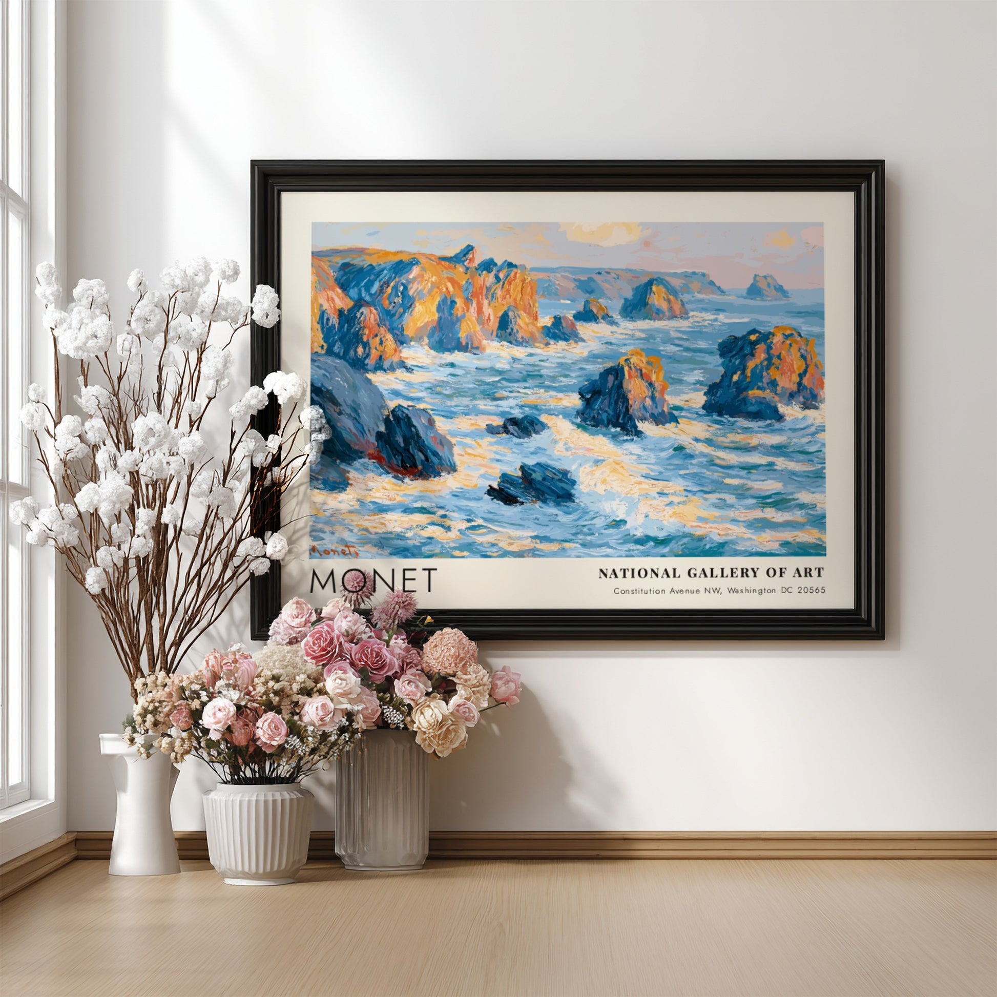 Wall art print of Monet's Rochers - Côté Bretonne featuring coastal blues and warm hues