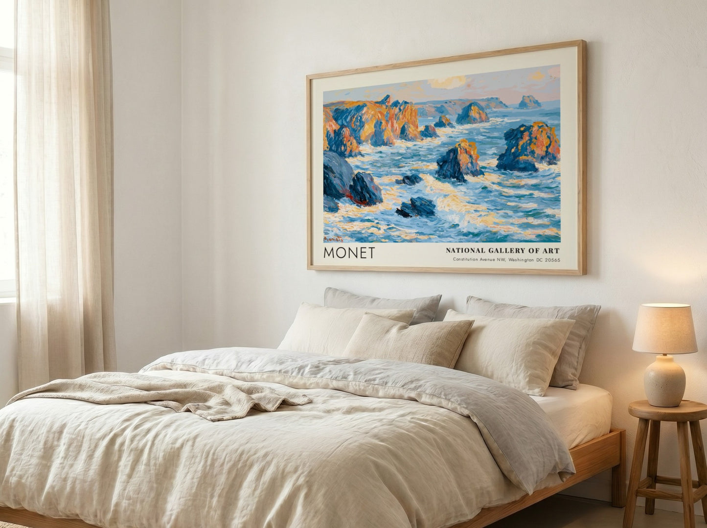 Wall art print of Monet's Rochers - Côté Bretonne featuring coastal blues and warm hues