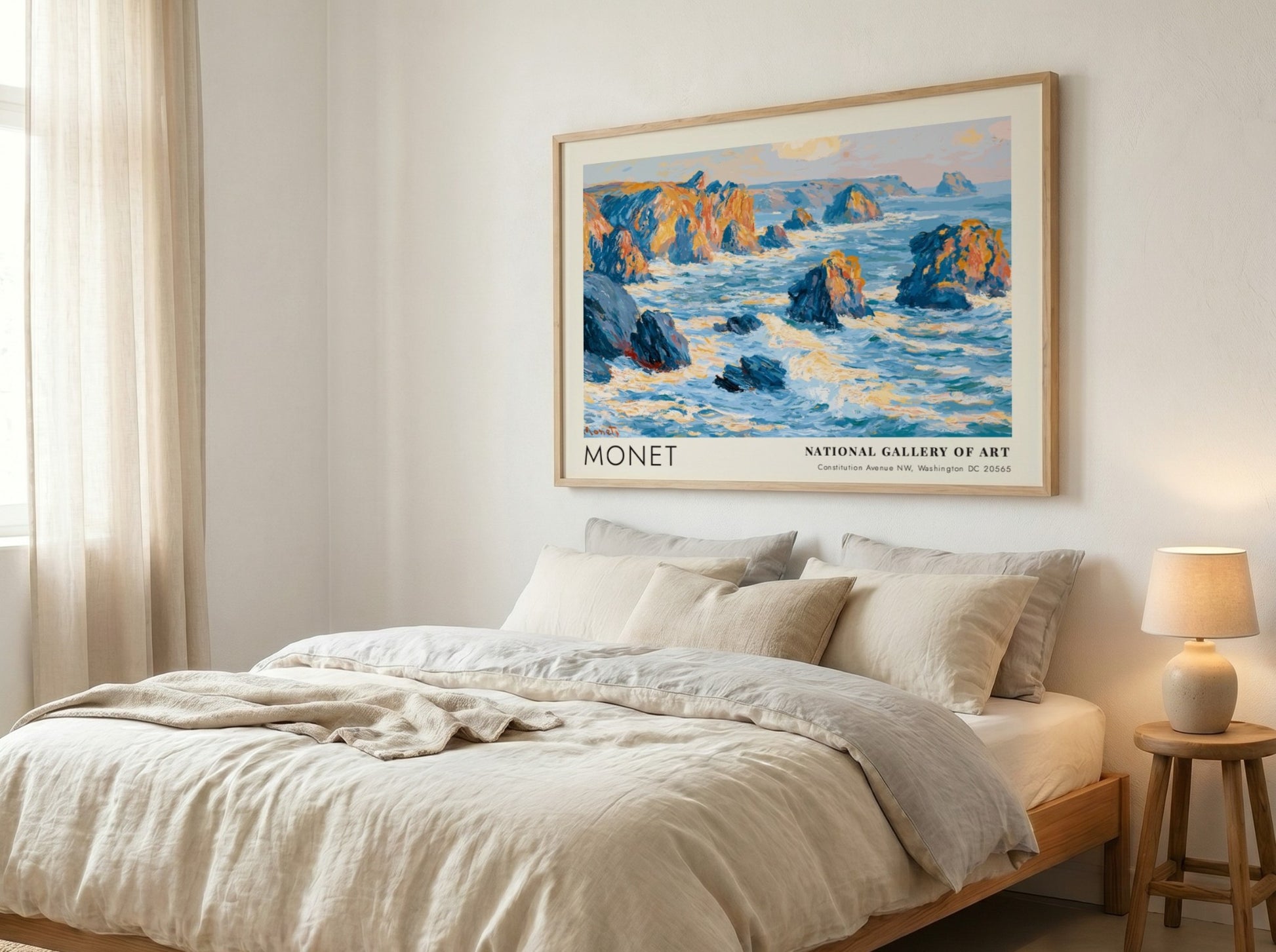 Wall art print of Monet's Rochers - Côté Bretonne featuring coastal blues and warm hues