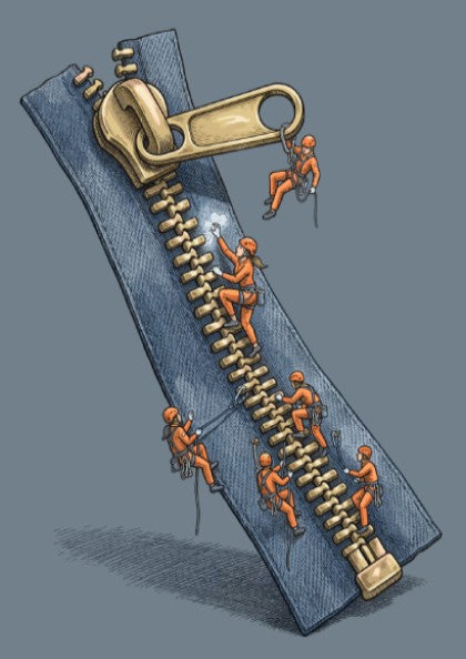 Poster featuring tiny rock climbers in orange gear scaling a giant metal clothing zipper.