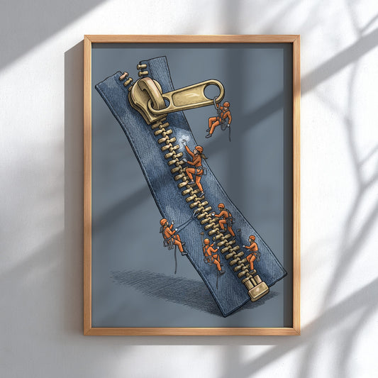 Poster featuring tiny rock climbers in orange gear scaling a giant metal clothing zipper.