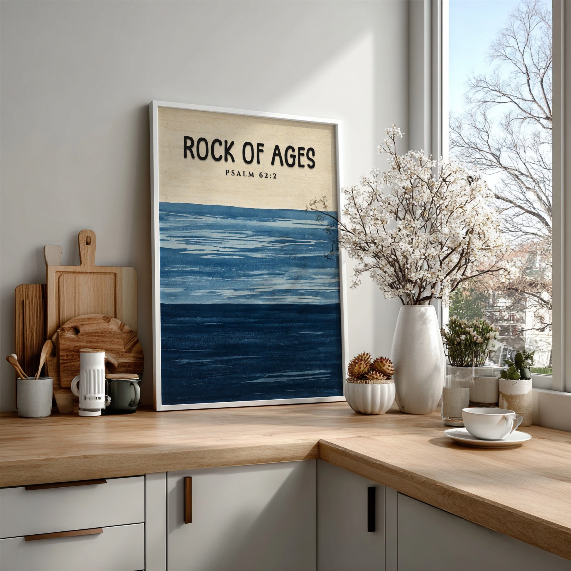 Rock of Ages poster featuring calming blue waves and Psalm 62:2, inspirational wall art for spiritual spaces.