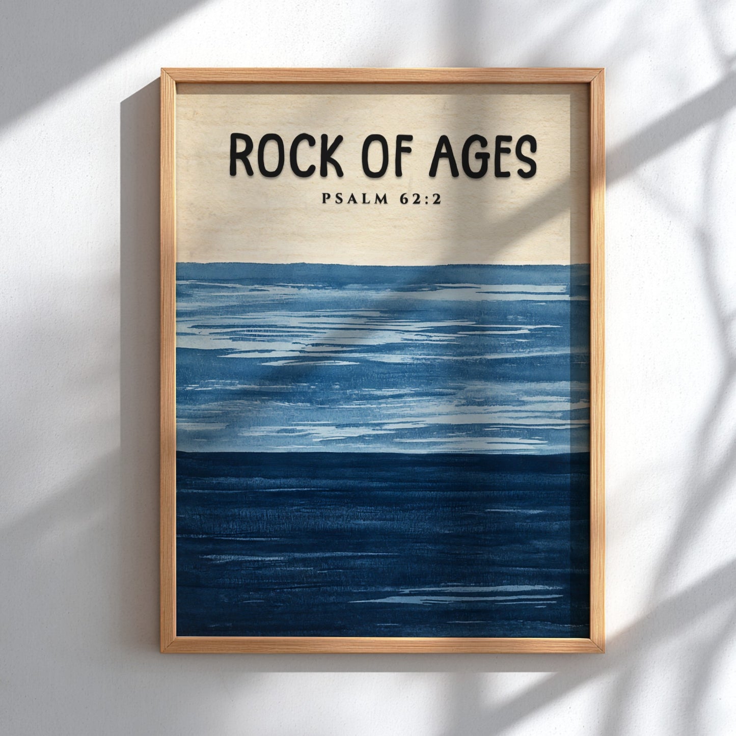 Rock of Ages poster featuring calming blue waves and Psalm 62:2, inspirational wall art for spiritual spaces.