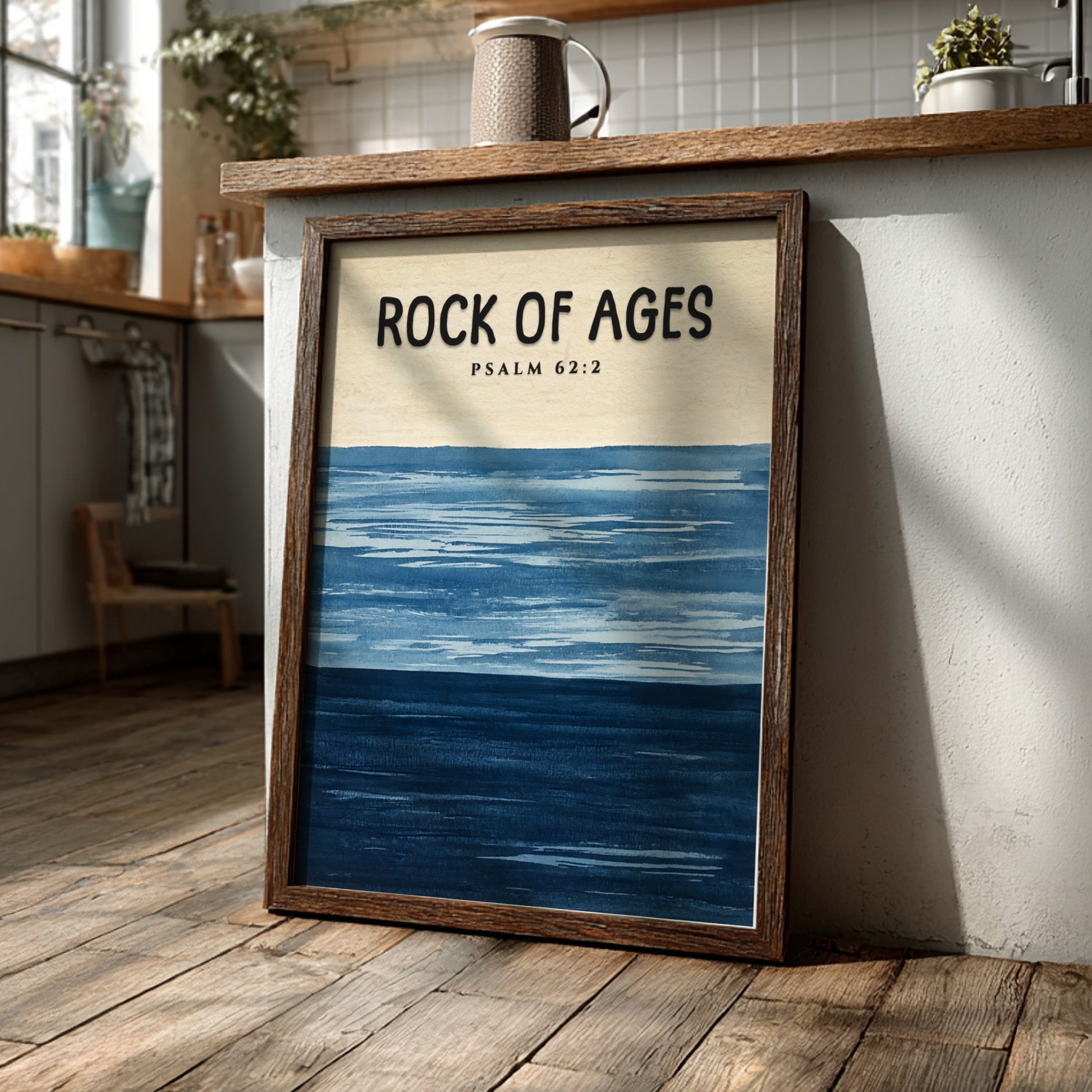 Rock of Ages poster featuring calming blue waves and Psalm 62:2, inspirational wall art for spiritual spaces.