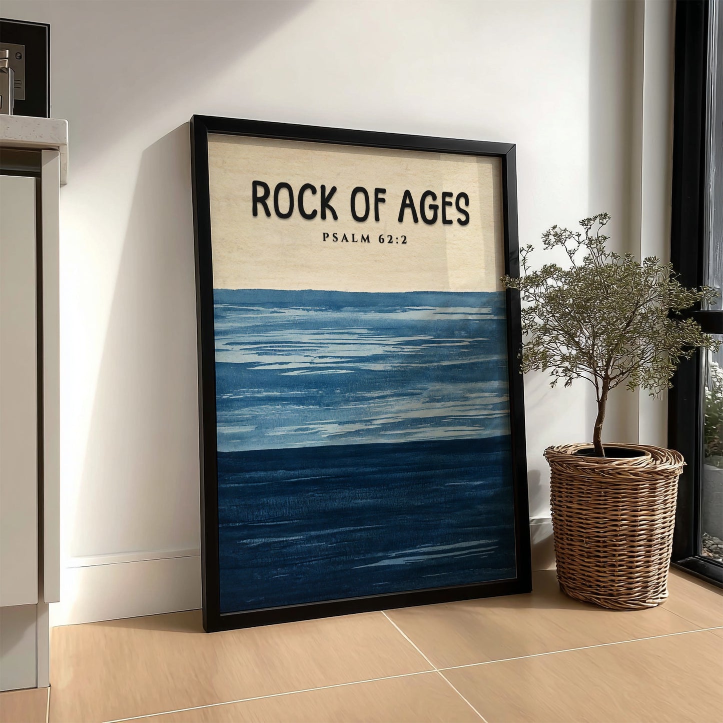 Rock of Ages poster featuring calming blue waves and Psalm 62:2, inspirational wall art for spiritual spaces.
