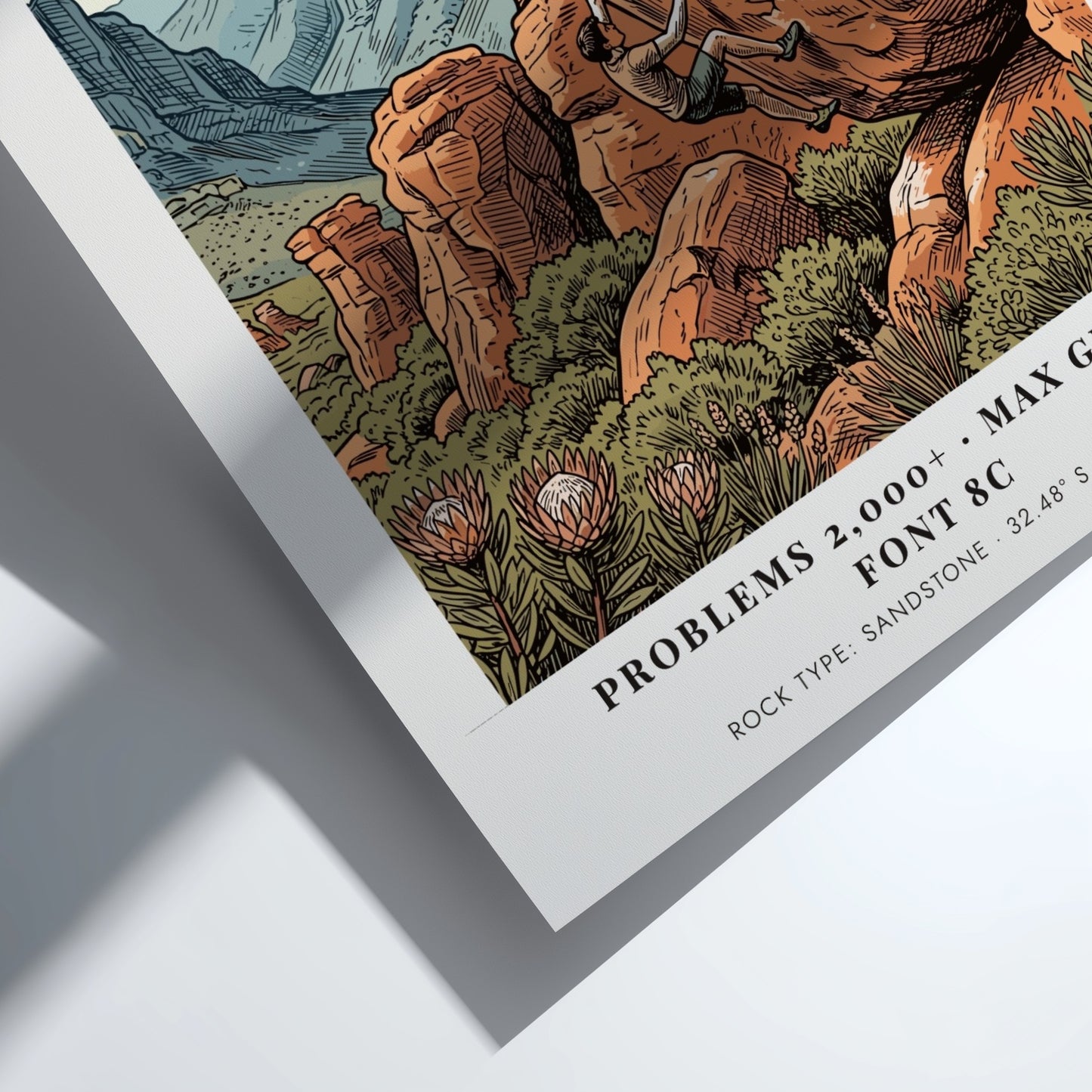 Rocklands climbing poster featuring a boulderer on orange sandstone in the Western Cape