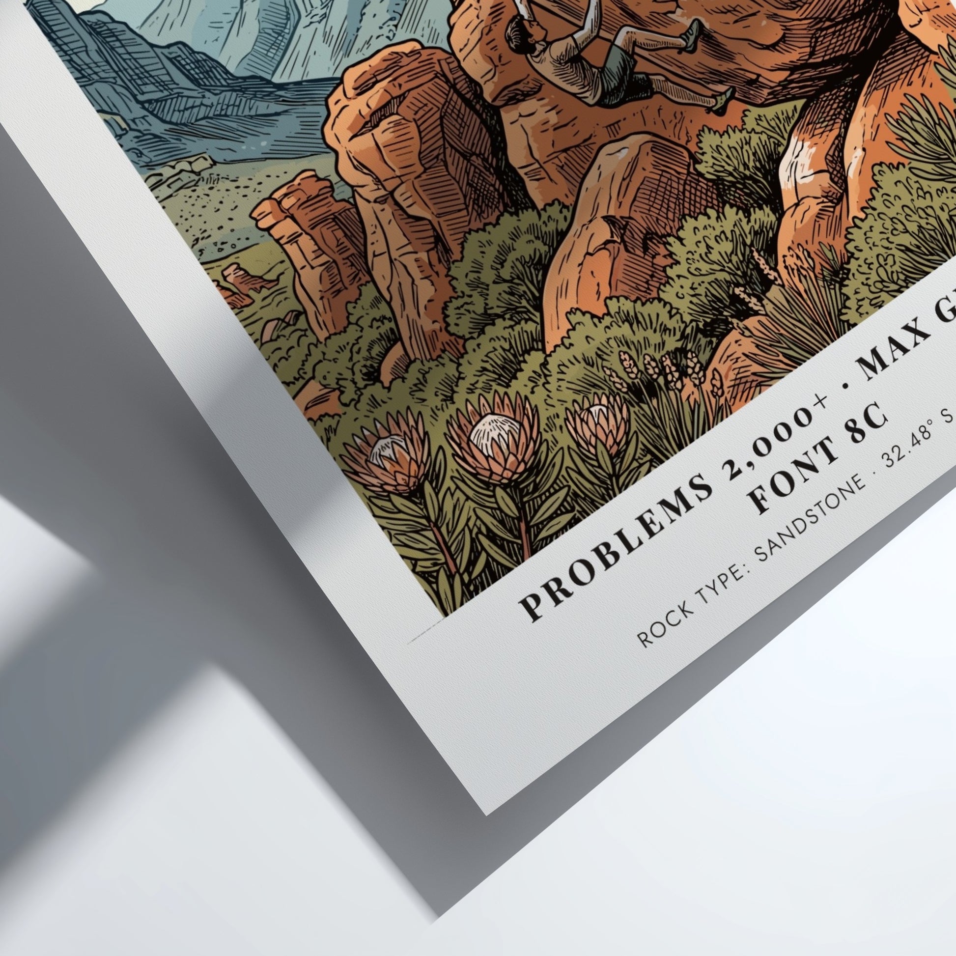 Rocklands climbing poster featuring a boulderer on orange sandstone in the Western Cape