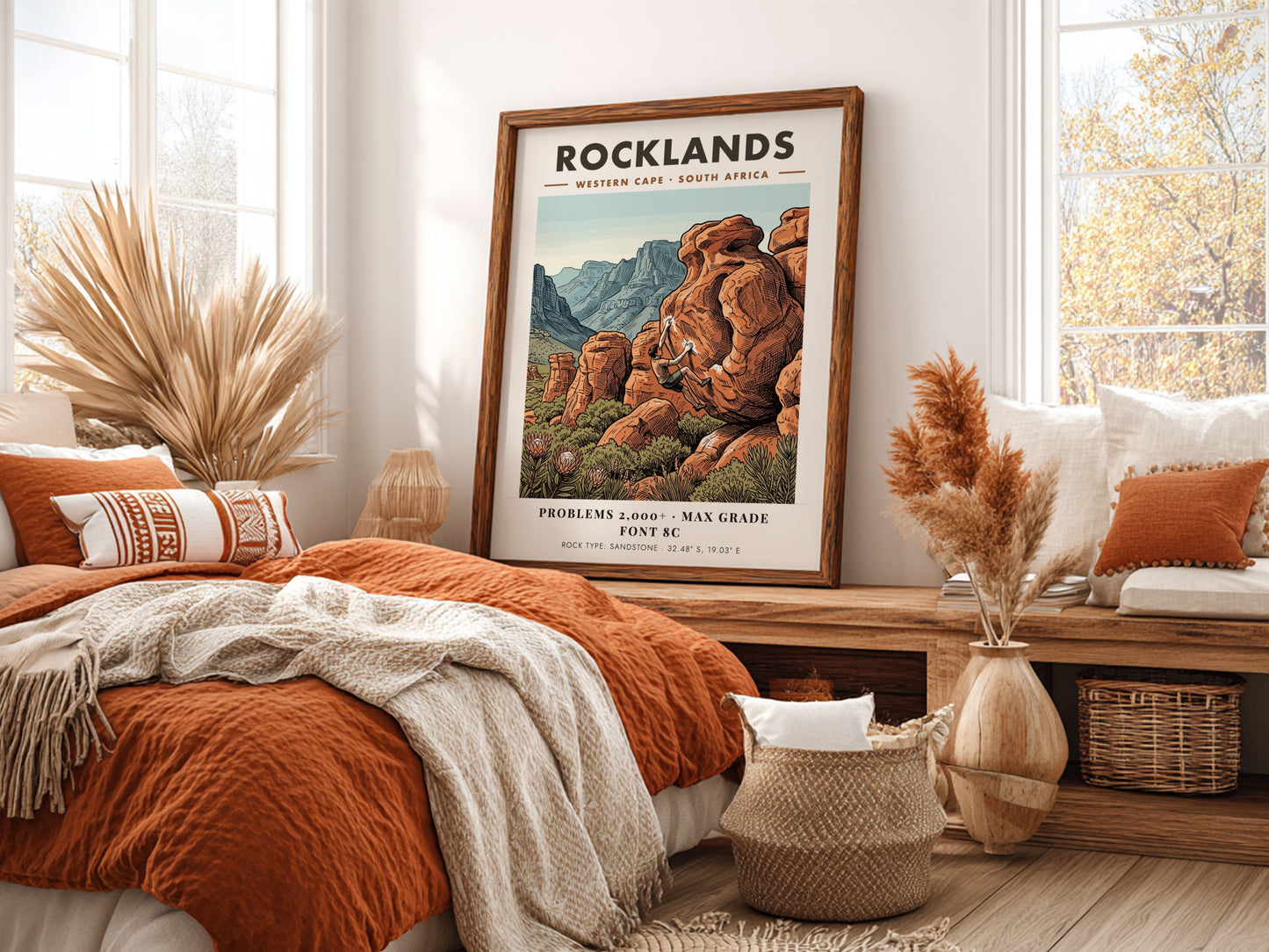 Rocklands climbing poster featuring a boulderer on orange sandstone in the Western Cape