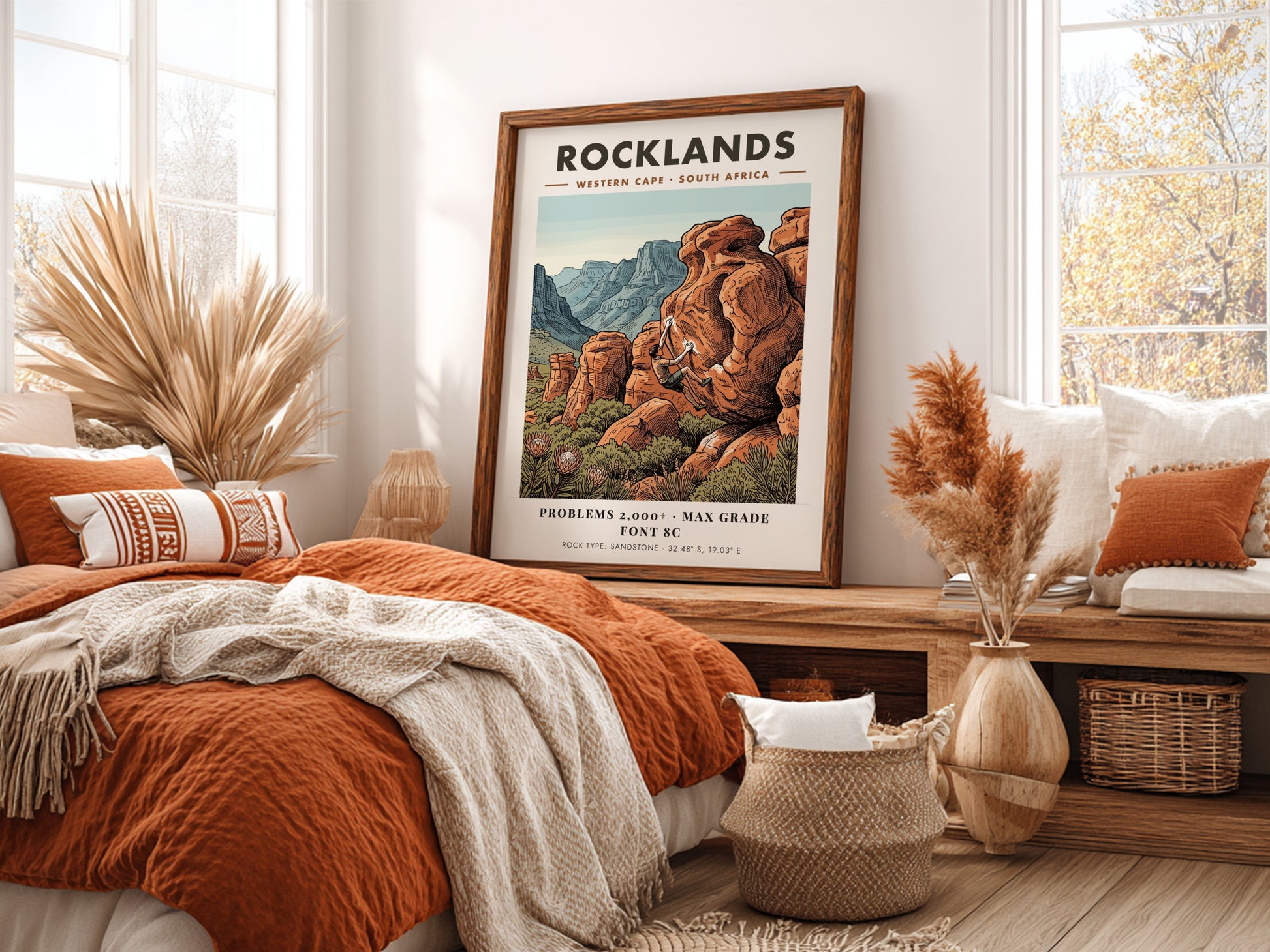 Rocklands climbing poster featuring a boulderer on orange sandstone in the Western Cape